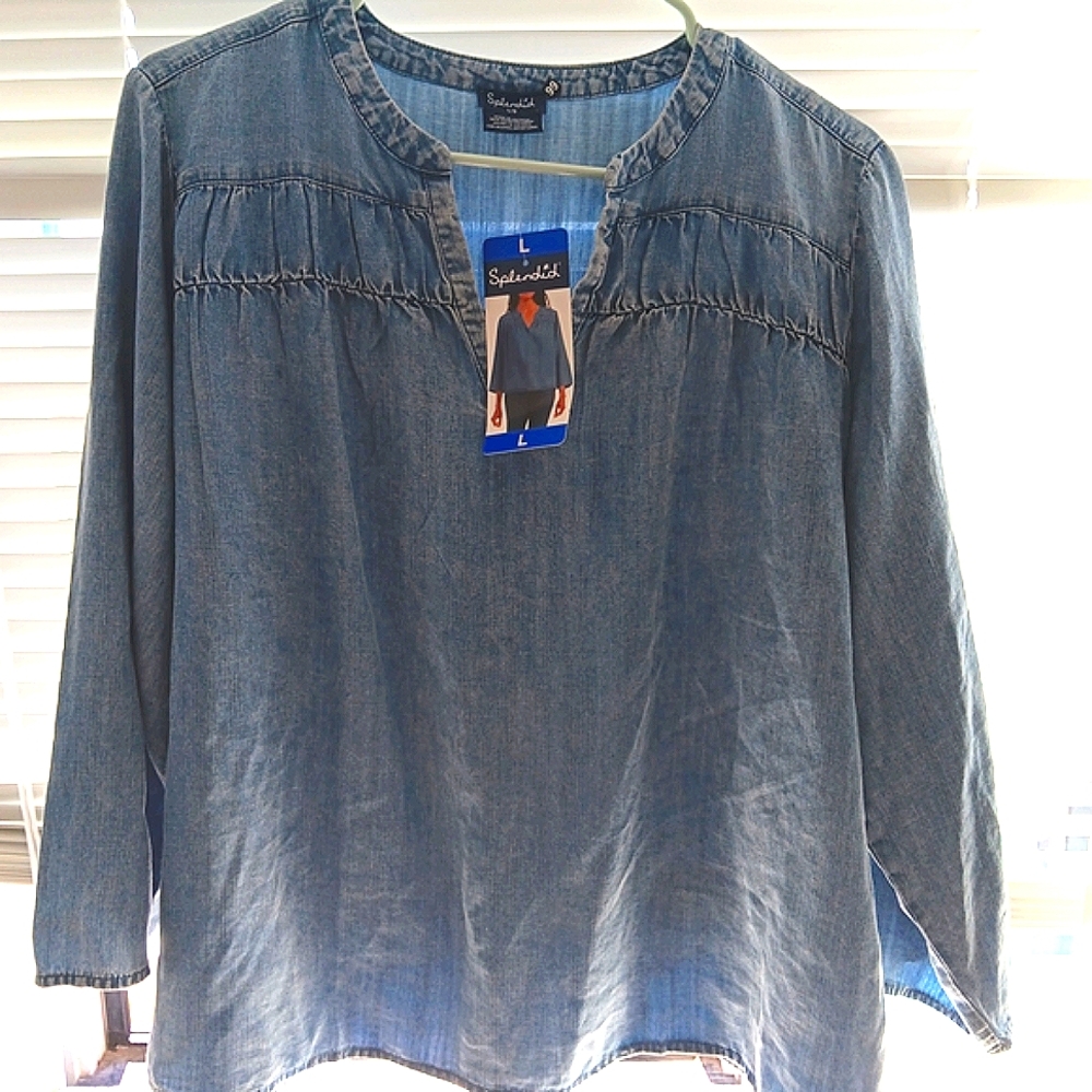NWT Splendid Blue Denim 3/4 Sleeve V-Neck Blouse Top L Large